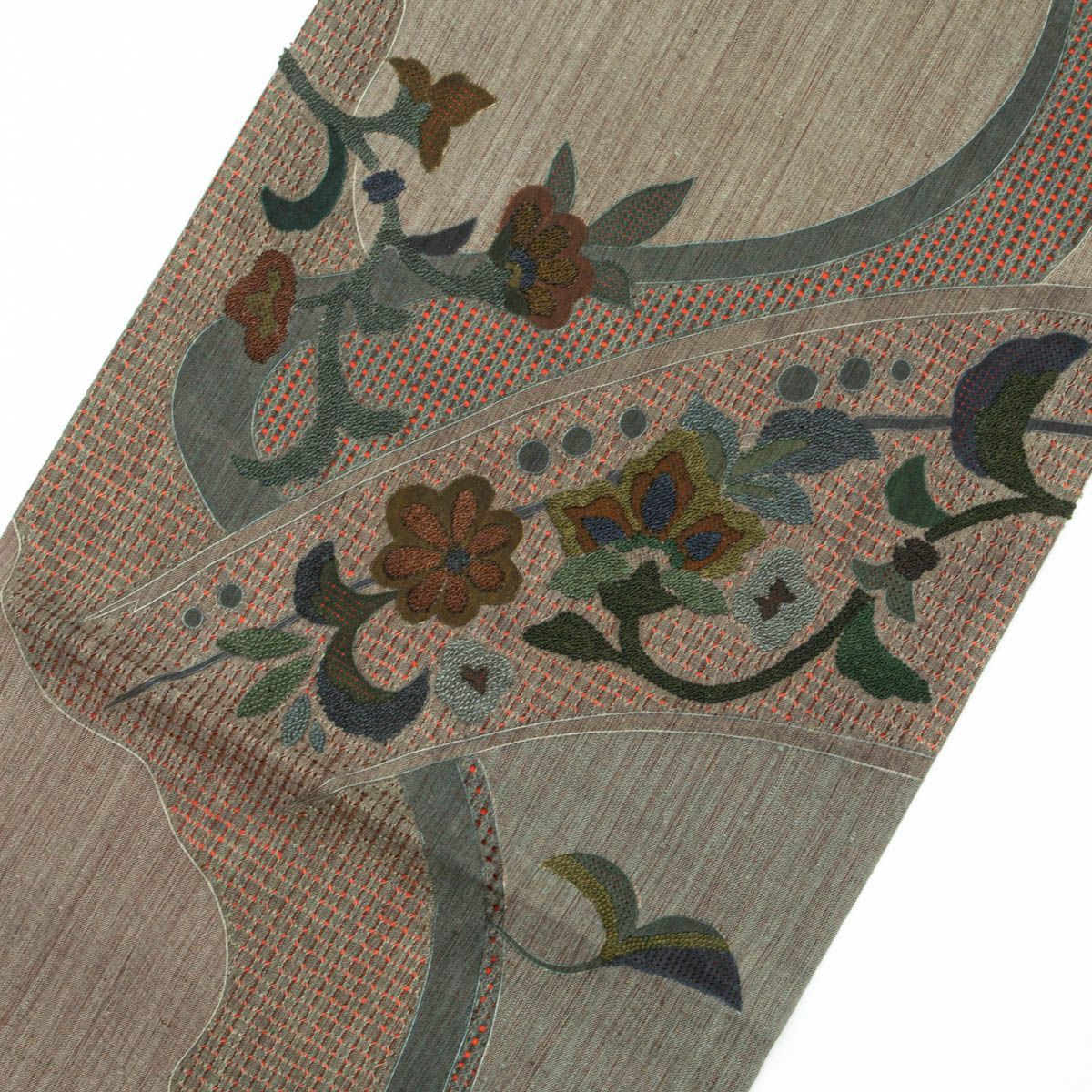 中国三大刺繍 汕頭刺繍】洒落袋帯 唐花文 相良刺繍 利休鼠色 錆系色