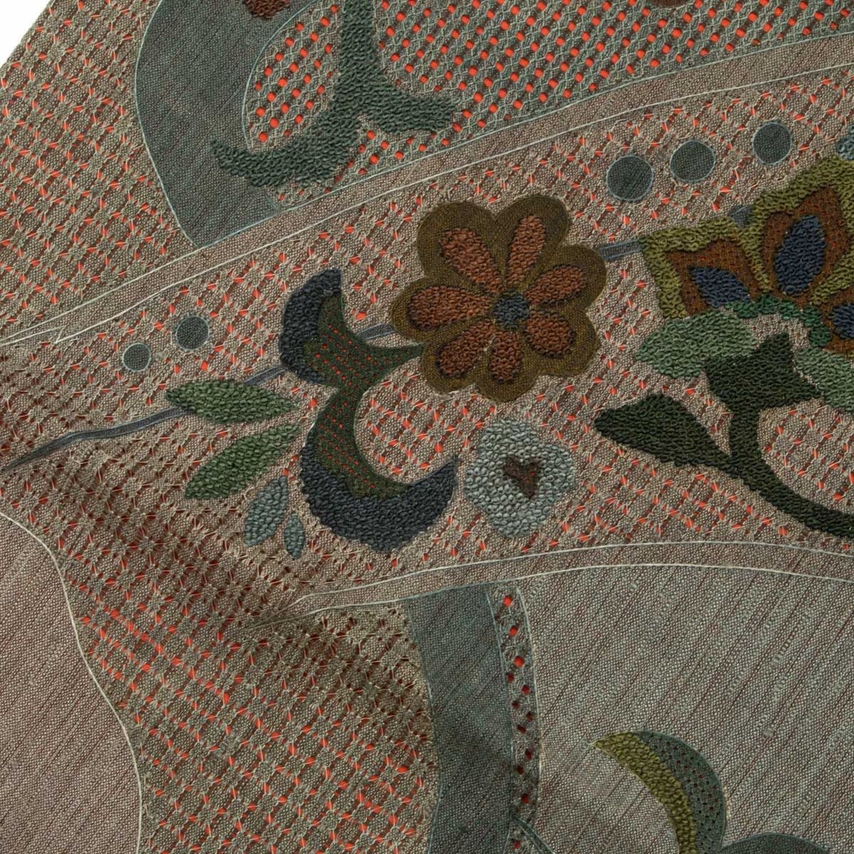 中国三大刺繍 汕頭刺繍】洒落袋帯 唐花文 相良刺繍 利休鼠色 錆系色