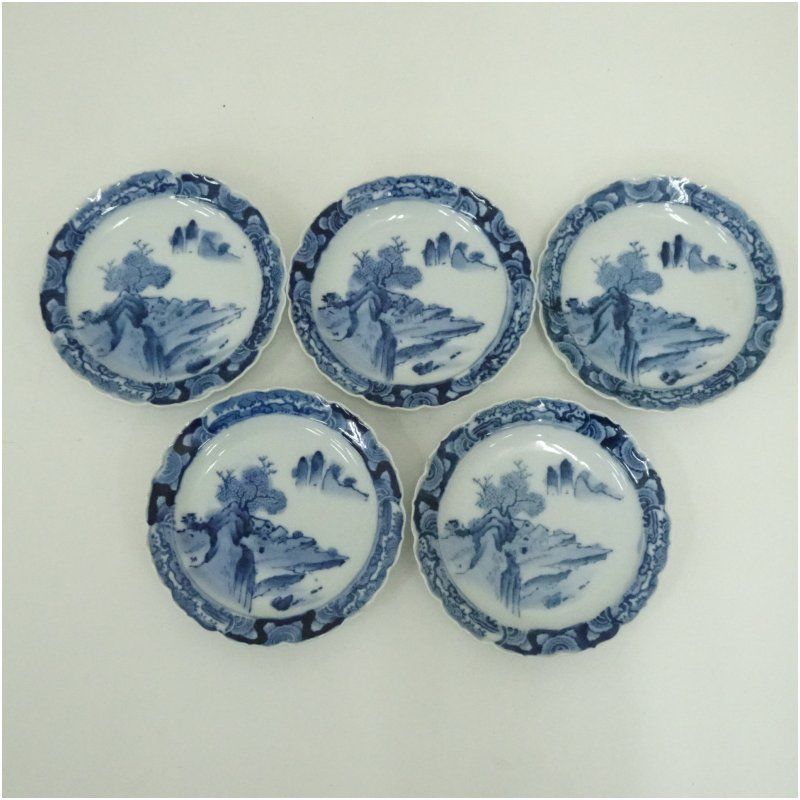明治期 伊万里焼 染付山水輪花五寸皿5客 和食器 おしゃれ 和食 洋食