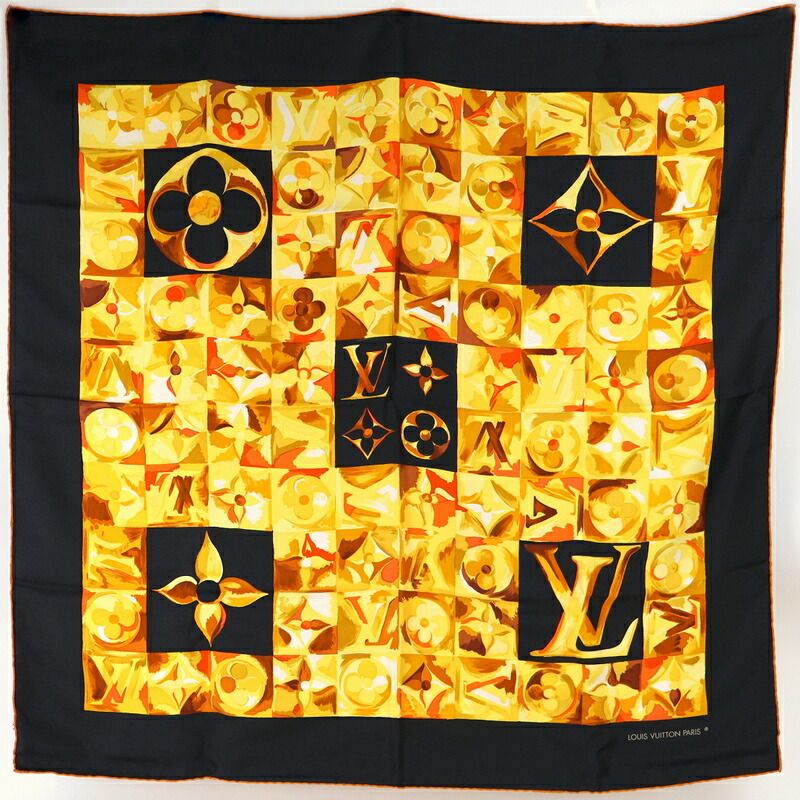 ルイヴィトン スカーフ シルク100% ブラック×イエロー Carre Au fil du