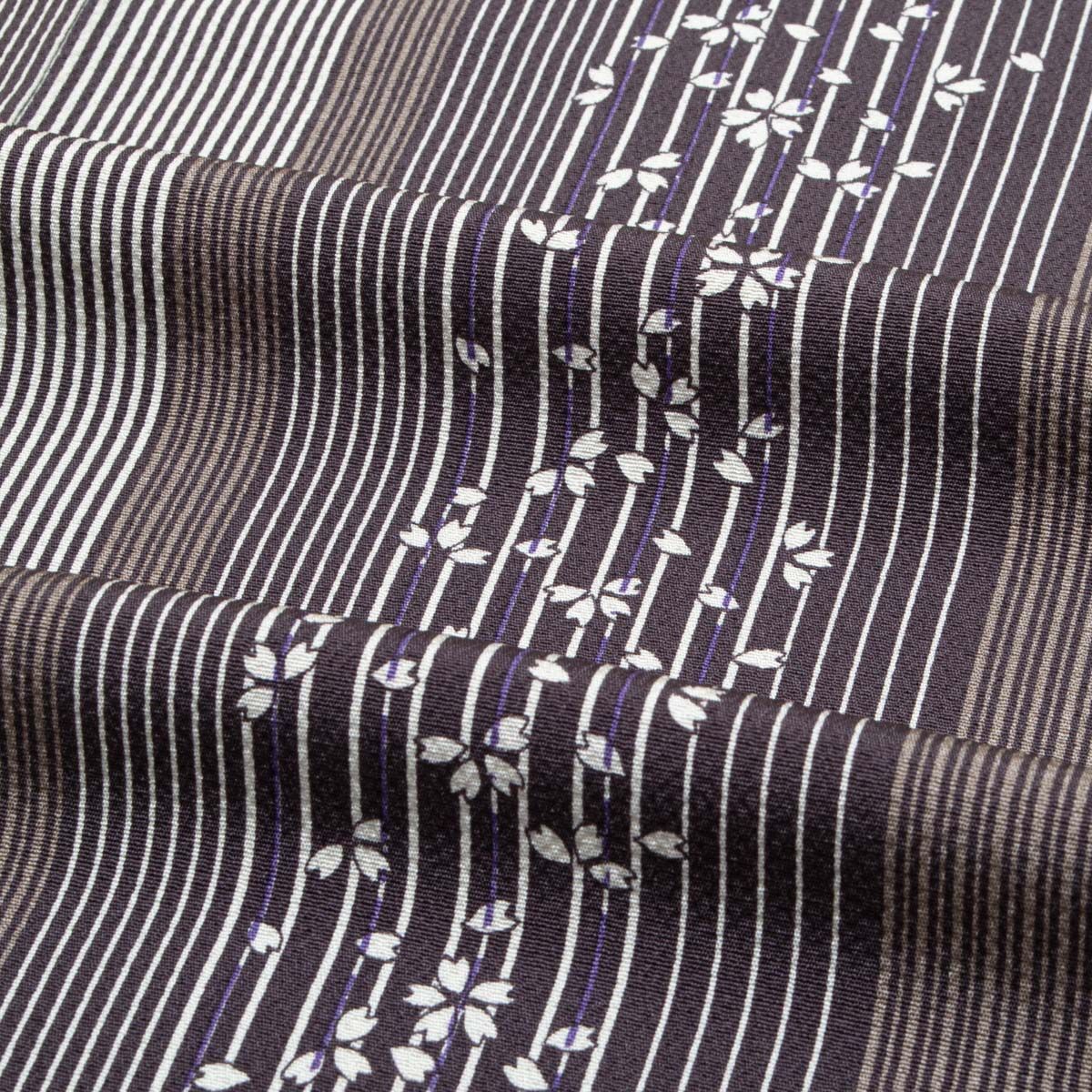 美品】小紋 友禅 縞 桜花文 チャコールグレー 灰汁色 紫 正絹 袷 身丈