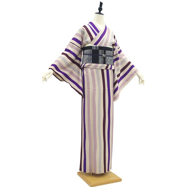 新古品】 小紋 単衣 着物 未使用 正絹 春 秋 手染め ベージュ 紫