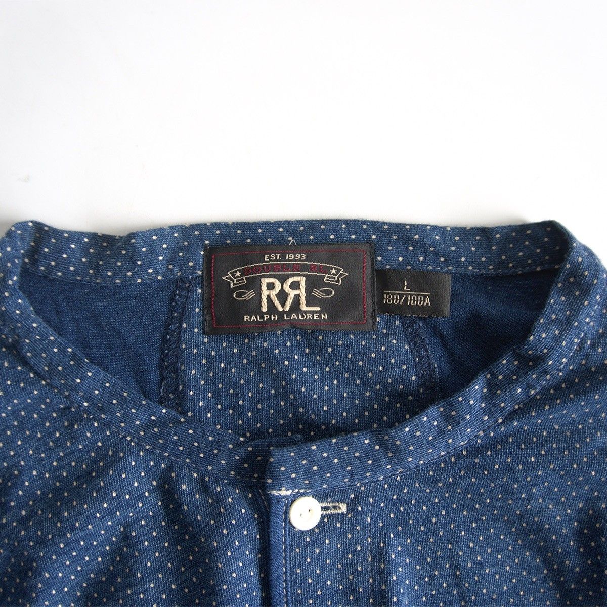 名作】RRL【POLKA DOT HENLEYNECK SHIRT】L ポルカドット インディゴ