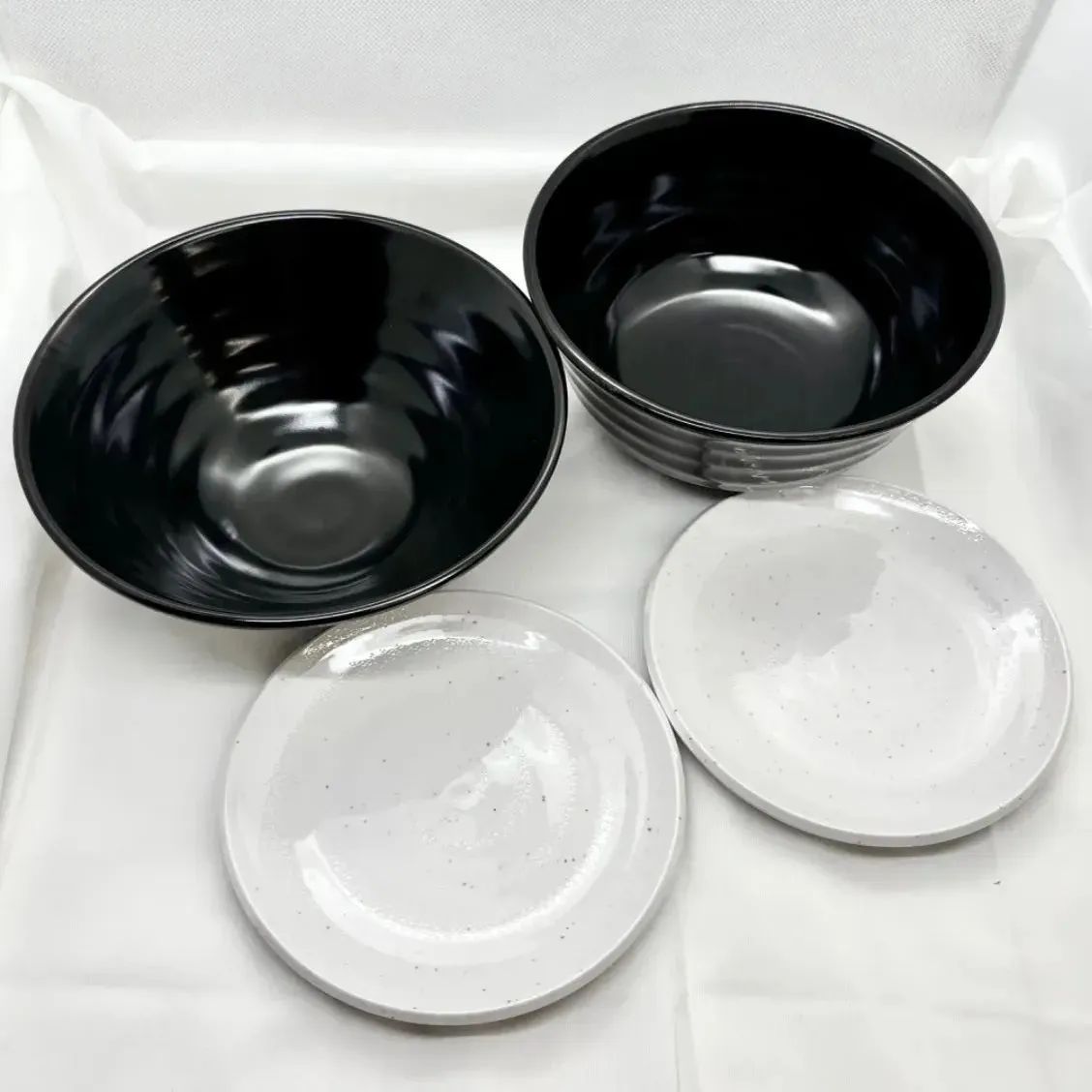 メラミン食器 どんぶり 小皿 4点セット 黒釉 ブラック 粉引 麺鉢 丼