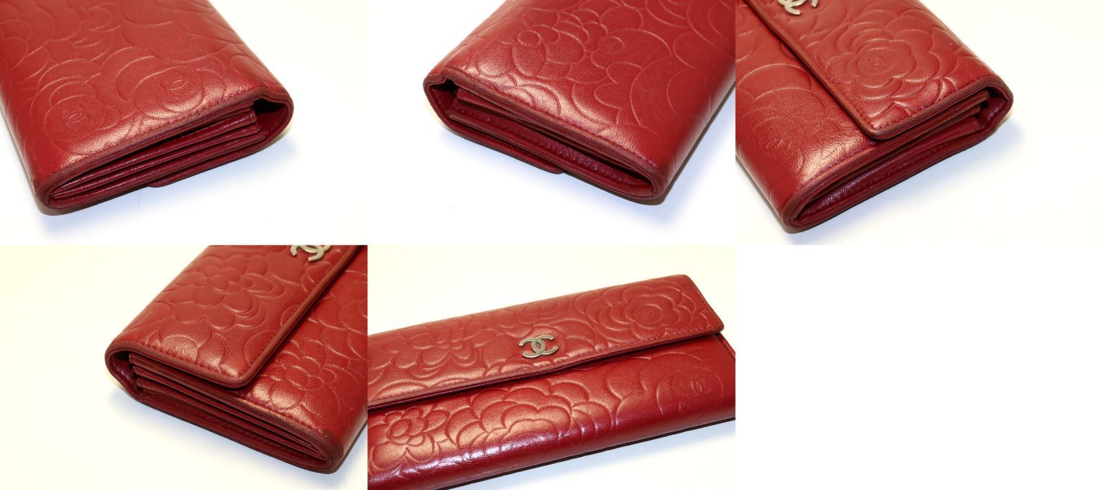 □CHANEL 16番台 カメリア SV金具 レザー ラウンドファスナー 長財布 