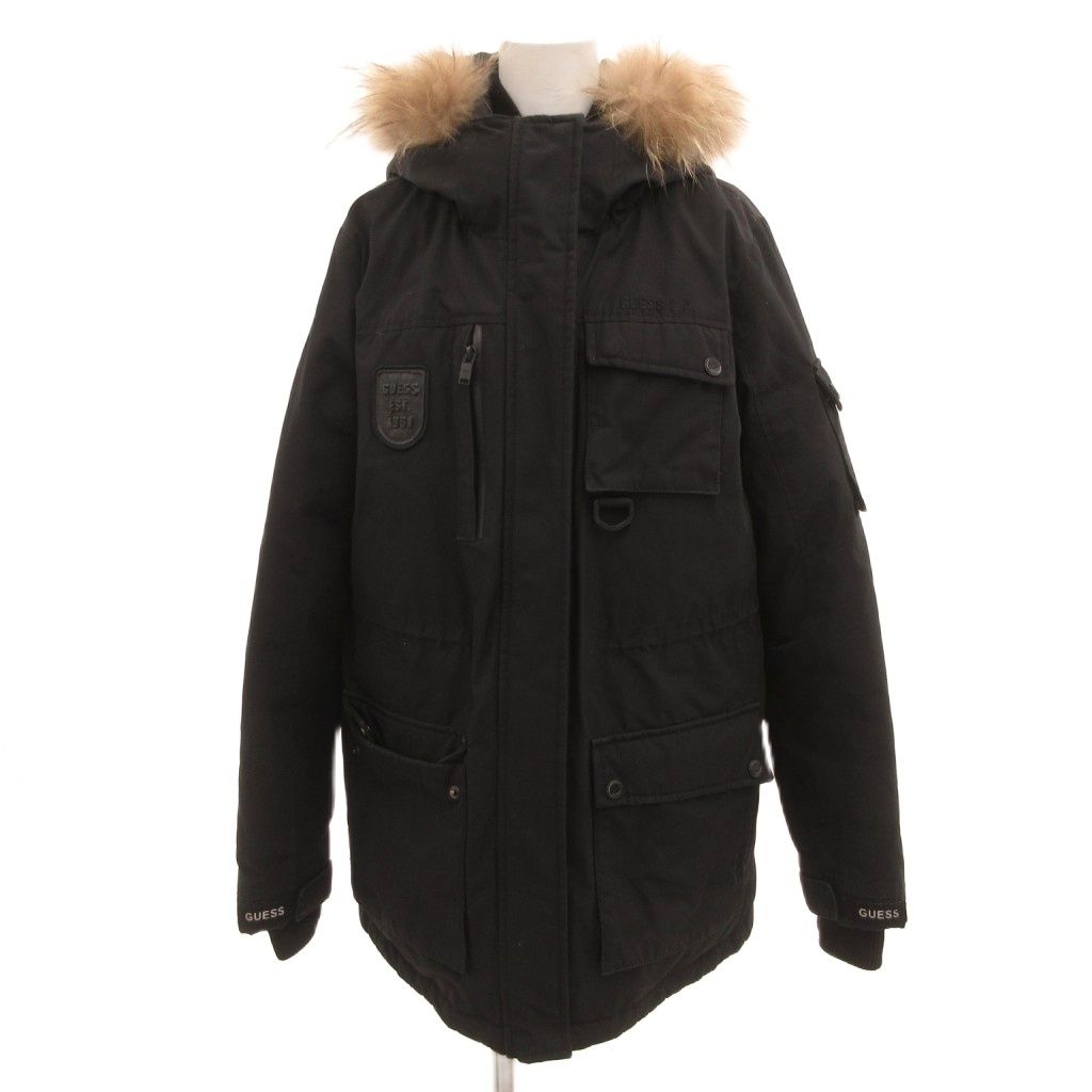 ゲス GUESS ダウンコート ジャケット ラクーンファー S 黒 ブラック 