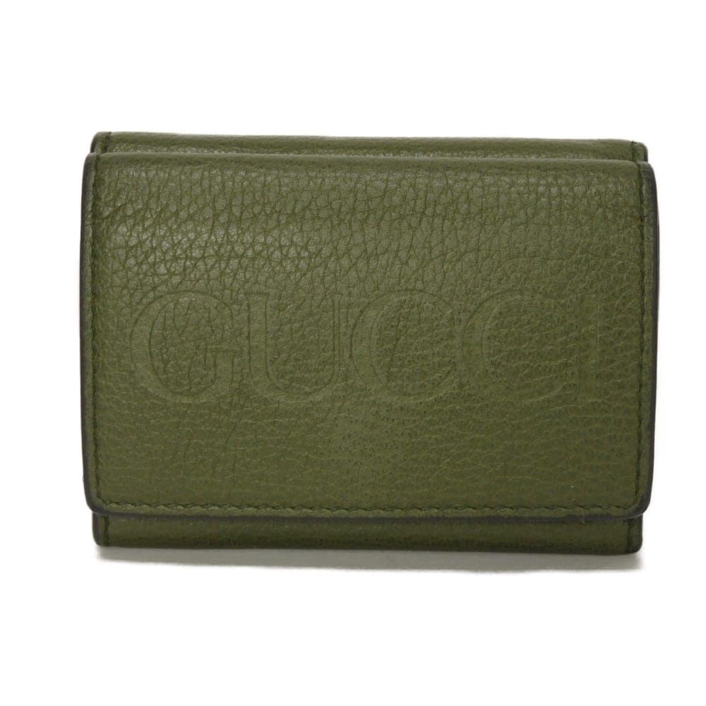 GUCCI グッチ ロゴ エンボス ミニ ウォレット シボ カーフ カーキ