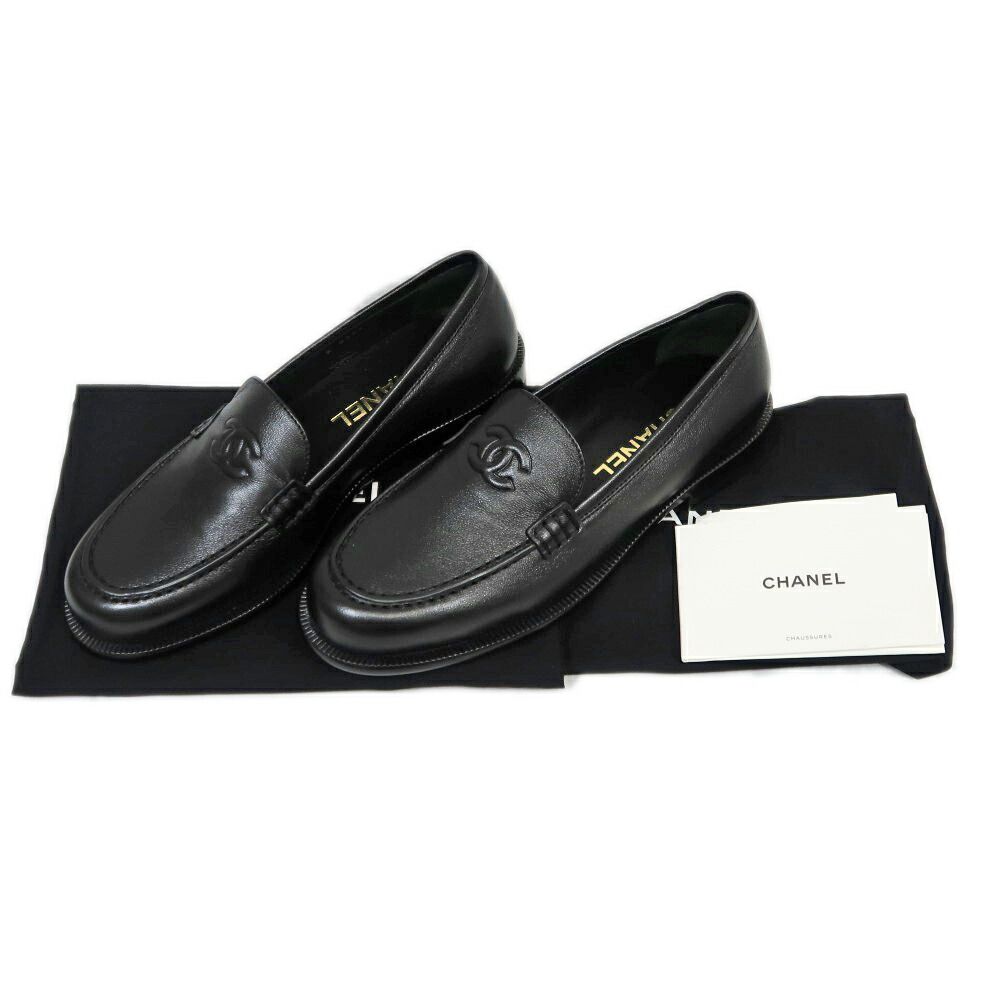 名東】シャネル ロゴ ローファー G46977 ブラック レザー サイズ37C