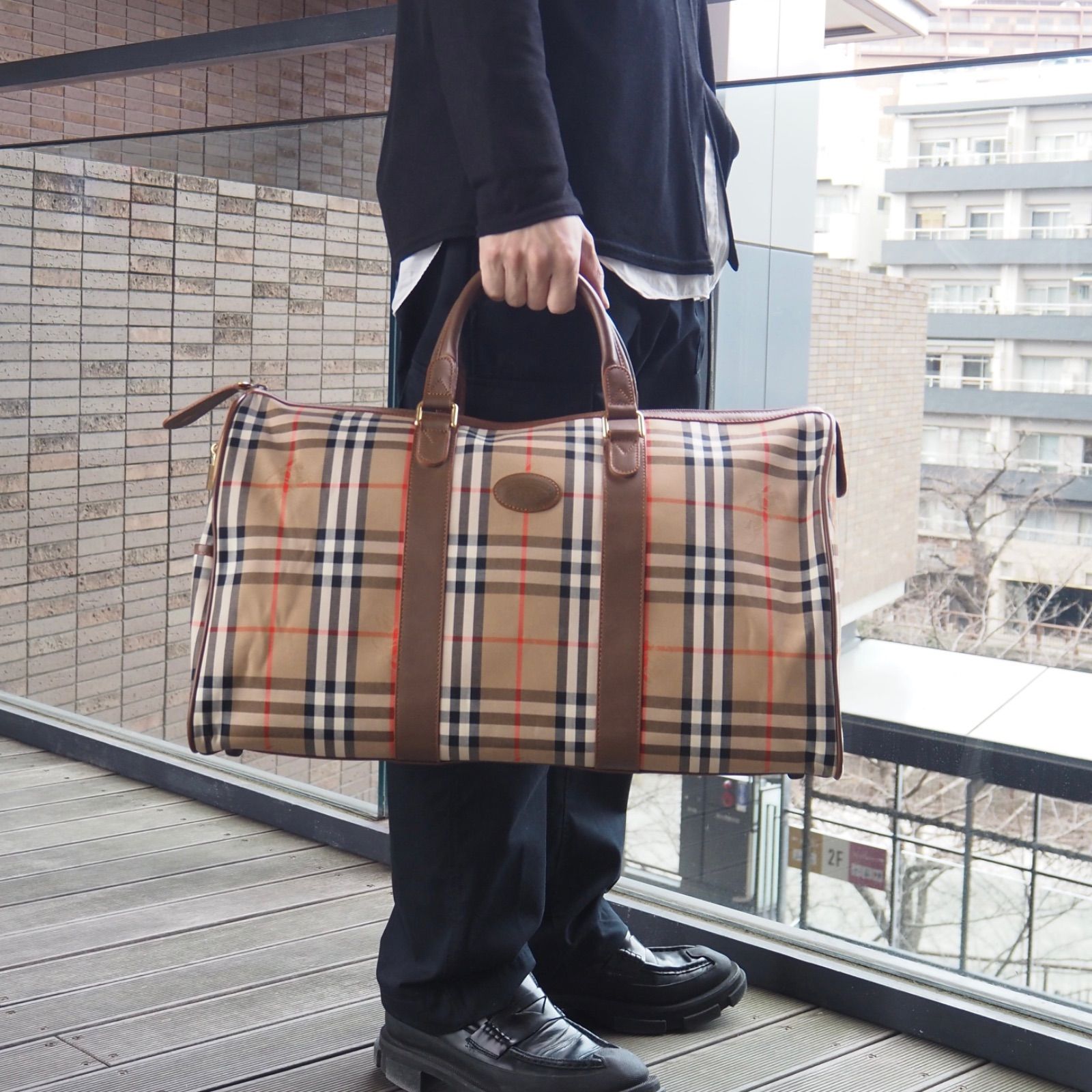 BURBERRY ノバチェック ボストン バッグ キャンバス ブラウン 