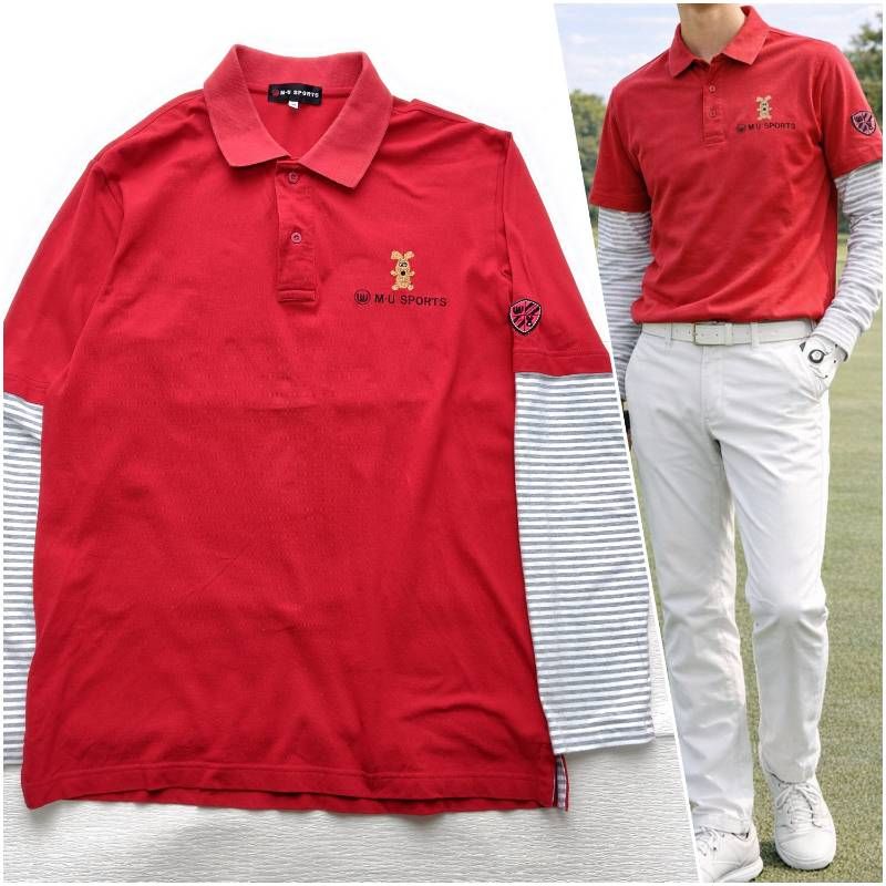 M-U SPORTS ポロシャツ 52 L-XL 赤 レイヤード風【大人の休日に愛嬌を