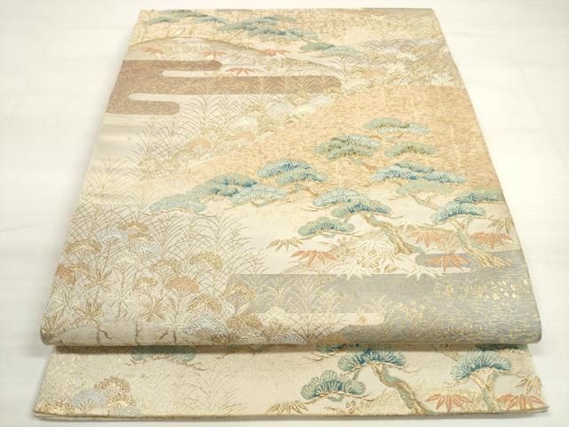 平和屋着物◎西陣 服部織物謹製 六通柄袋帯 唐織 エ霞 遠山花松文 金糸