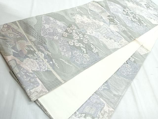 平和屋着物◎六通柄袋帯 唐織 御所車花文 プラチナ箔九百錦 正絹 逸品