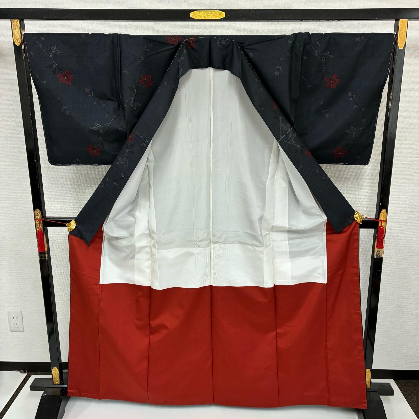 本場大島紬 泥藍染 一元式 裄68.5 素敵な絣柄 正絹 着物 MK-4456