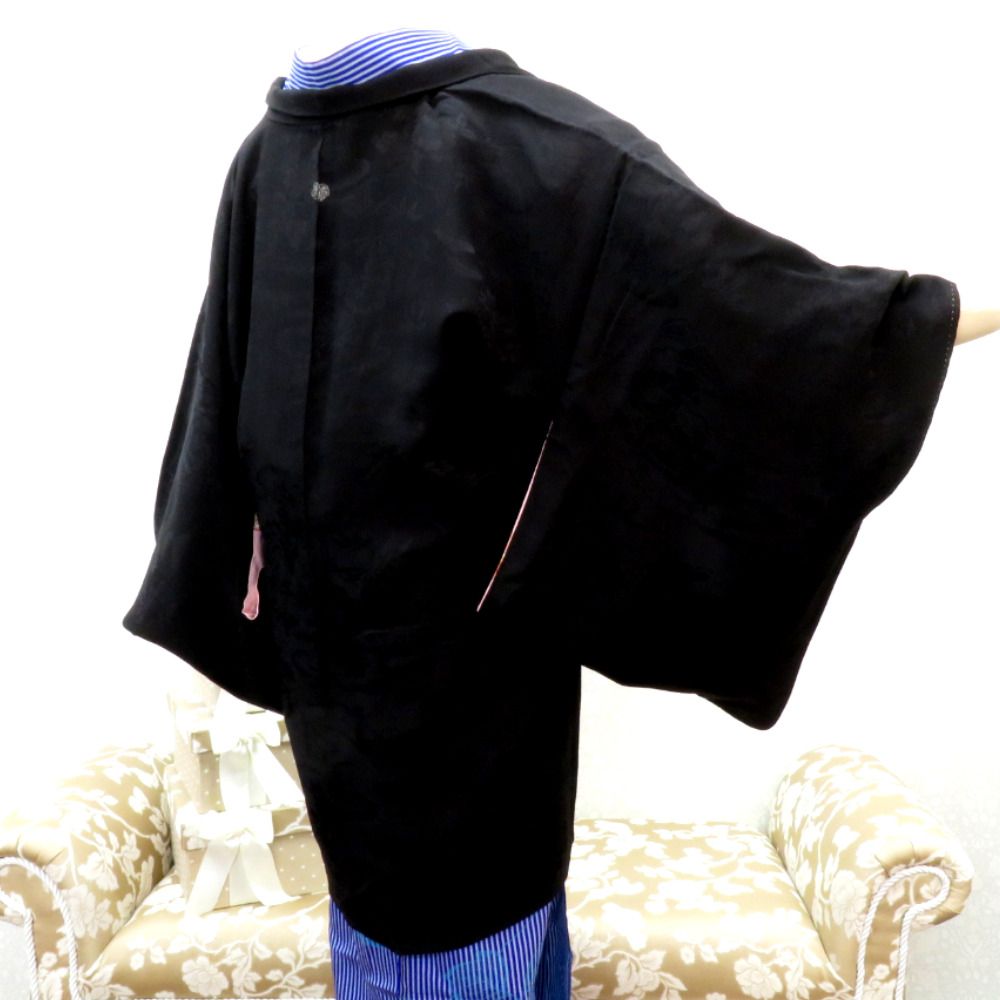 羽織 アンティーク 昔長羽織 正絹 黒 花々 地模様 昔 レトロモダン