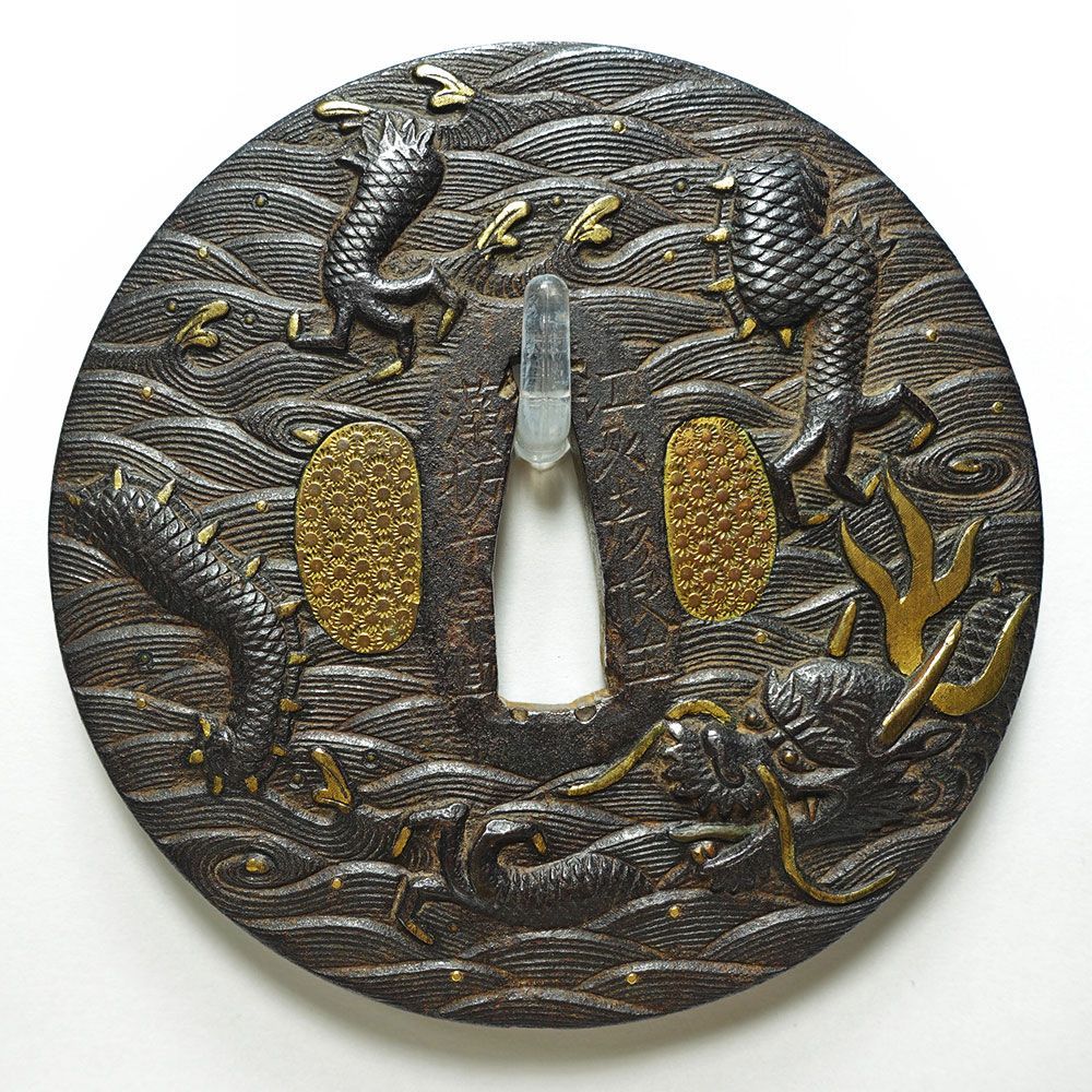【草花図縁 赤銅魚子地 金銀銅象嵌】 刀装具 縁頭 鍔 鐔 日本刀 武具 骨董 草花図縁 赤銅魚子地 金銀銅象嵌】 刀装具 縁頭 鍔 鐔 日本刀 武具