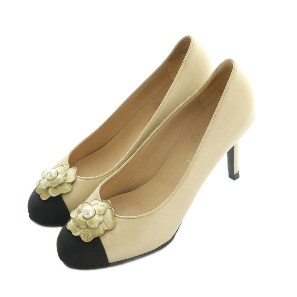 シャネル CHANEL カメリアパンプス ピンヒール バイカラー 38C 25.0cm