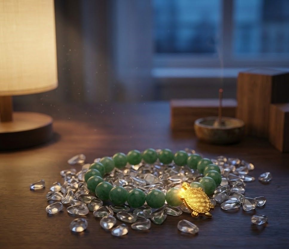 幸運の引き寄せ】本翡翠ブレスレット＆浄化水晶15g＆金の亀セット