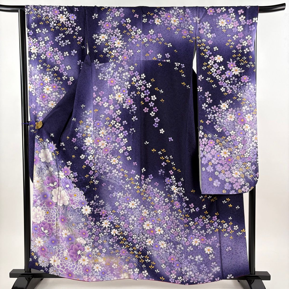 美品】 振袖 身丈160.5cm 裄丈67.5cm L 袷 桜 菊 銀通し 銀彩 紫 正絹