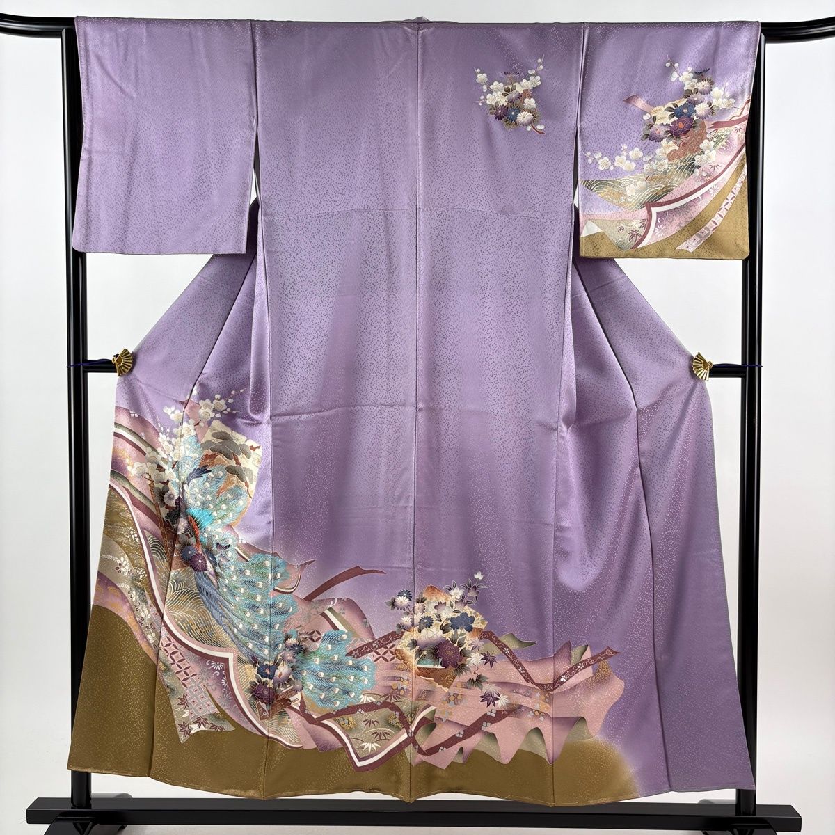 訪問着 身丈154cm 裄丈65cm M 袷 孔雀 松竹梅 金銀彩 染め分け 紫 正絹