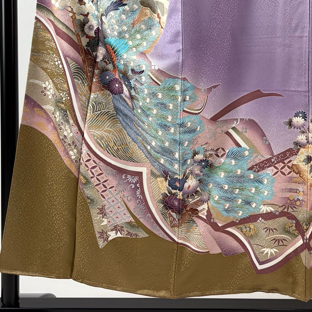 訪問着 身丈154cm 裄丈65cm M 袷 孔雀 松竹梅 金銀彩 染め分け 紫 正絹