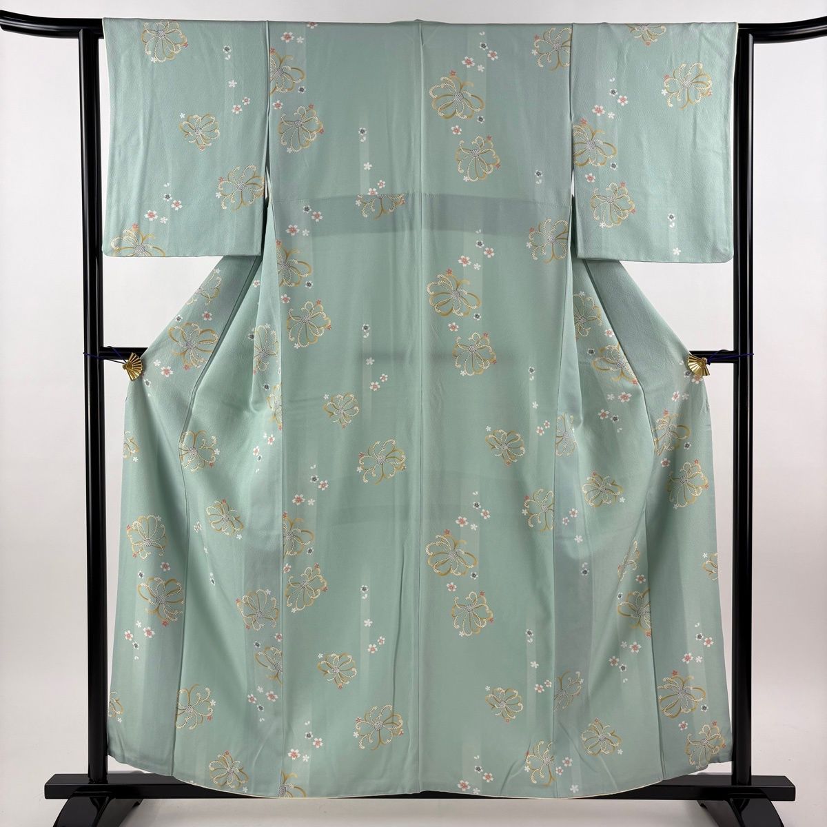 美品】 小紋 身丈161cm 裄丈62.5cm S 袷 やまと 花 桜 薄緑 正絹 秀品