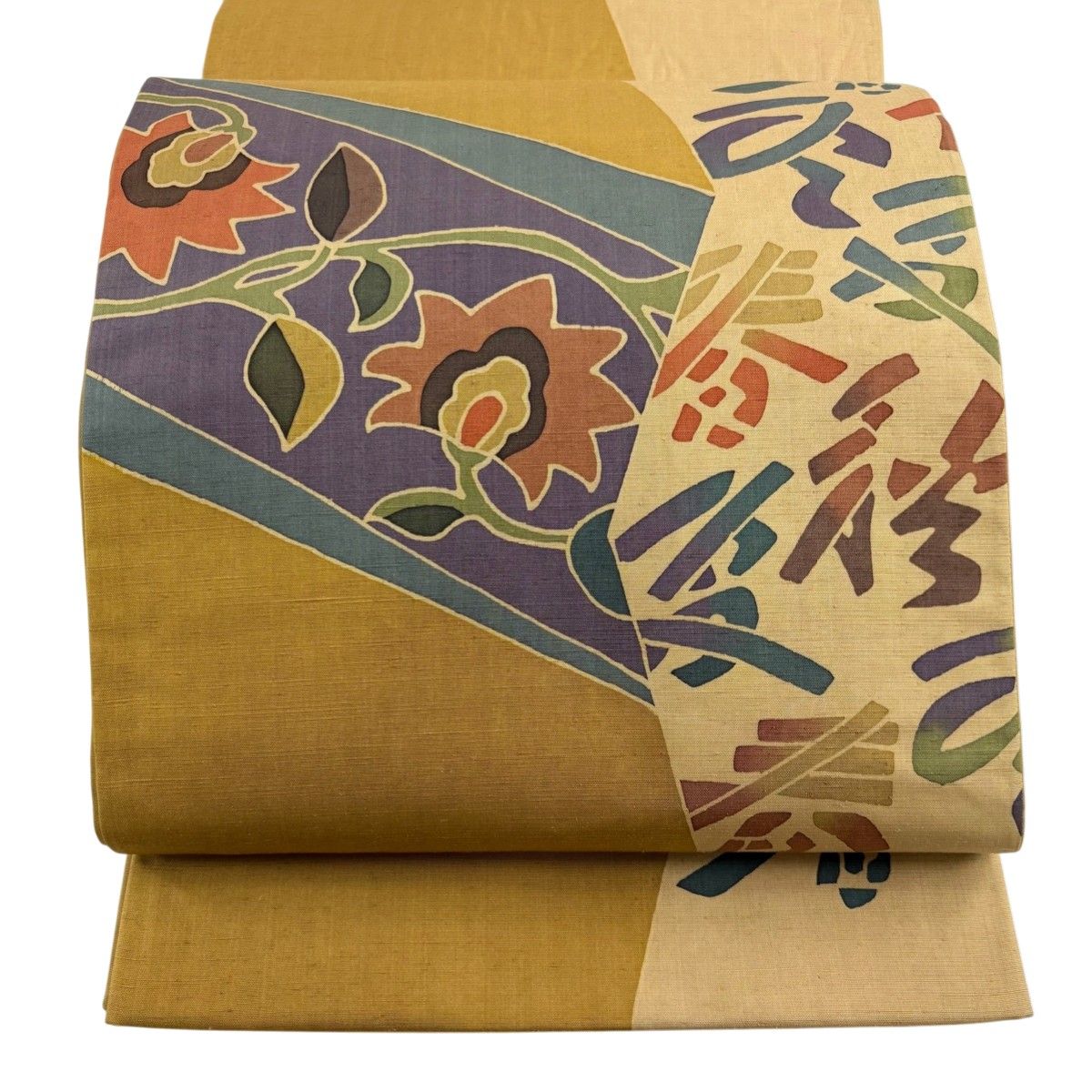 美品】 袋帯 秀品 証紙 大島紬地 春夏秋冬 草花 黄土色 お太鼓柄 正絹