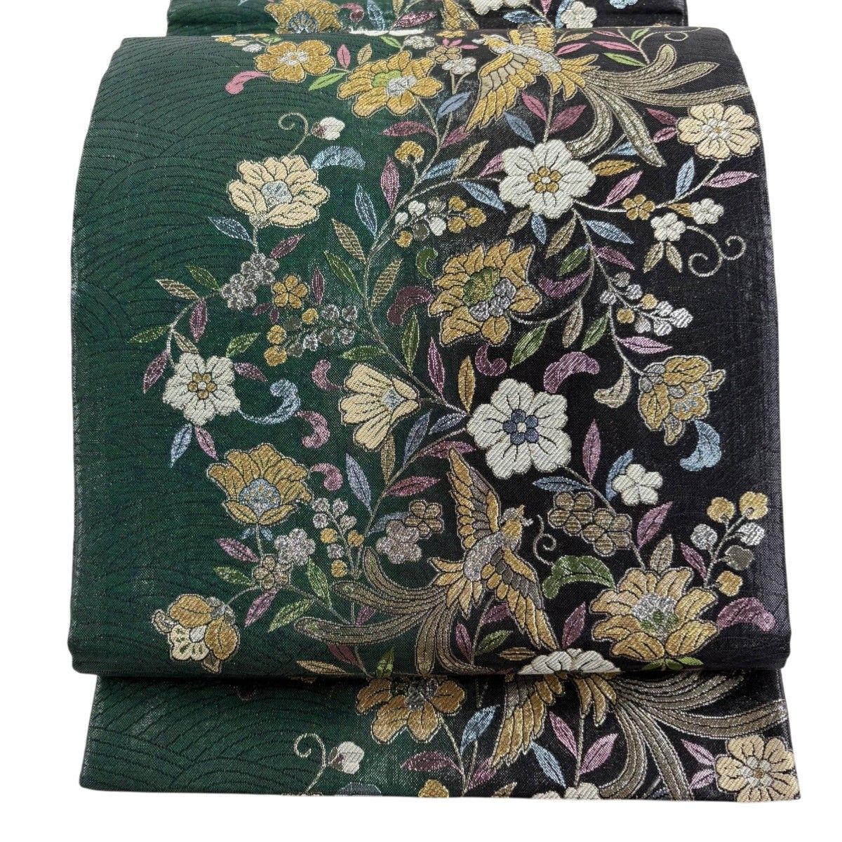 競ナビ】 袋帯 美品 秀品 尾長鳥 花唐草 刺繍 金糸 灰緑 六