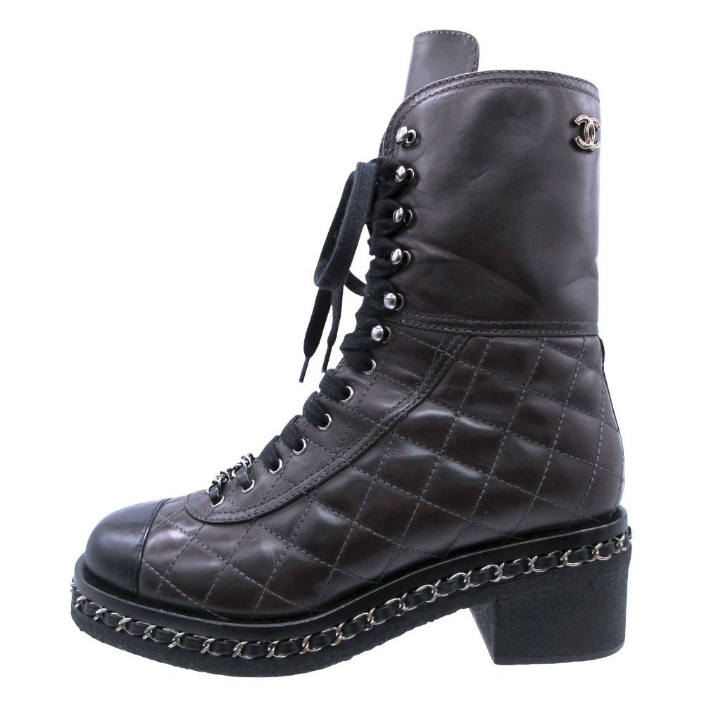 CHANEL シャネル ブーツ コンバット レースアップ キルティング レザー 