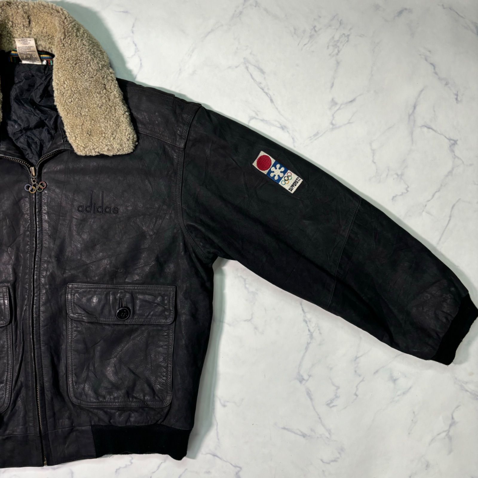 adidas 90s SAPPORO72 札幌五輪 レザーボンバージャケット 黒 ボア襟 