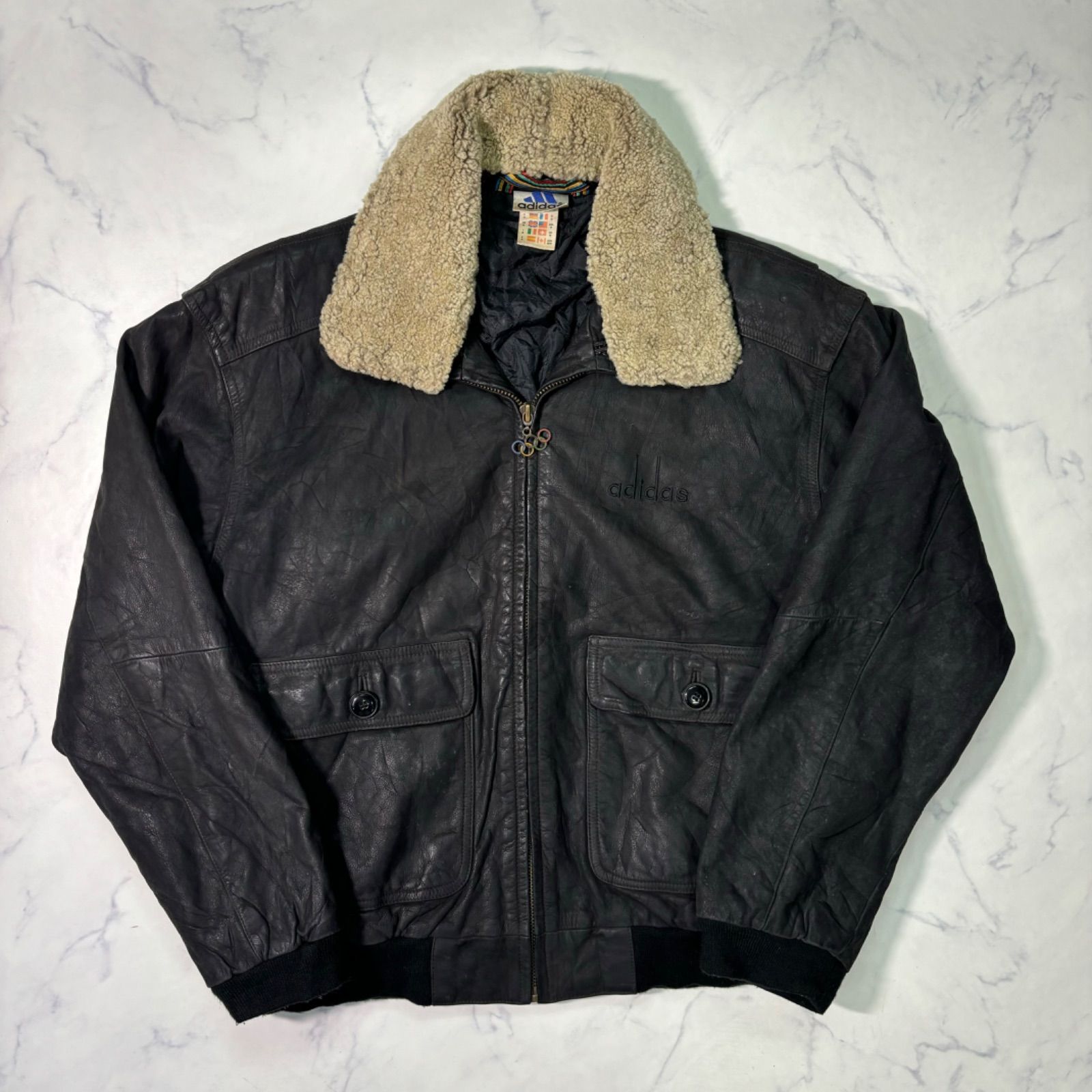 adidas 90s SAPPORO72 札幌五輪 レザーボンバージャケット 黒 ボア襟