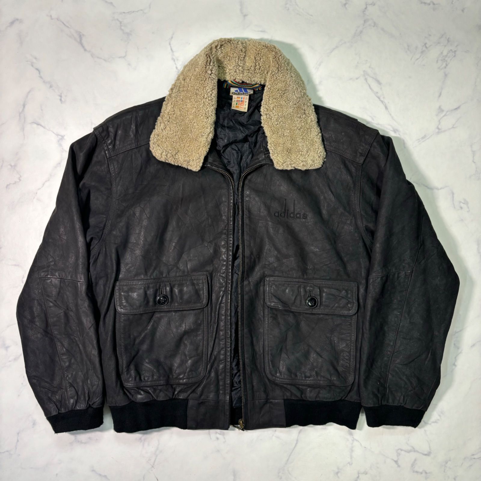 adidas 90s SAPPORO72 札幌五輪 レザーボンバージャケット 黒 ボア襟 