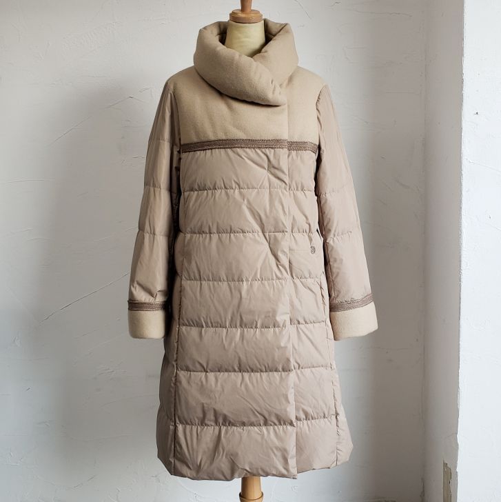 ハナエモリ ☆ ダウンロングコート 切り替えデザイン ベージュ 40