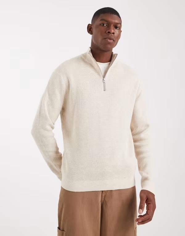 オンリーアンドサンズ メンズ アウター ニット・セーター ハーフジップ ONLY SONS half zip knit sweater in cream Gardenia クリーム