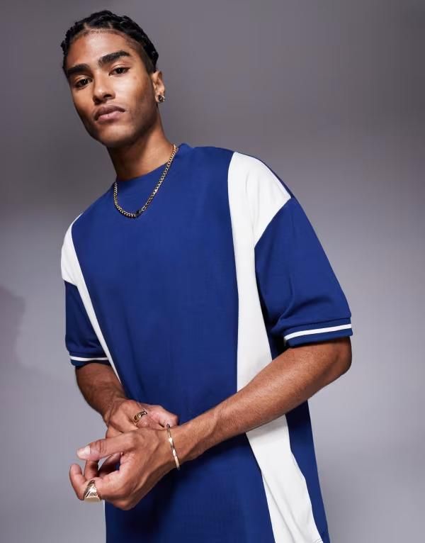 エイソス メンズ トップス Tシャツ ASOS DESIGN oversized color block tshirt and cream Medieval Blue ブルー