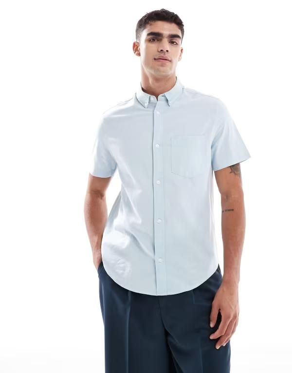 エイソス メンズ トップス シャツ オックスフォード ASOS DESIGN regular short sleeve oxford shirt LIGHT BLUE ブルー