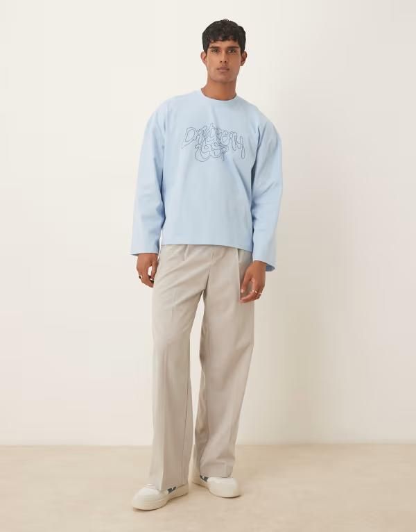 エイソス メンズ トップス Tシャツ 刺繍 ASOS DESIGN heavyweight boxy oversized long sleeve tshirt with dropped shoulders and embroidered text Blue B