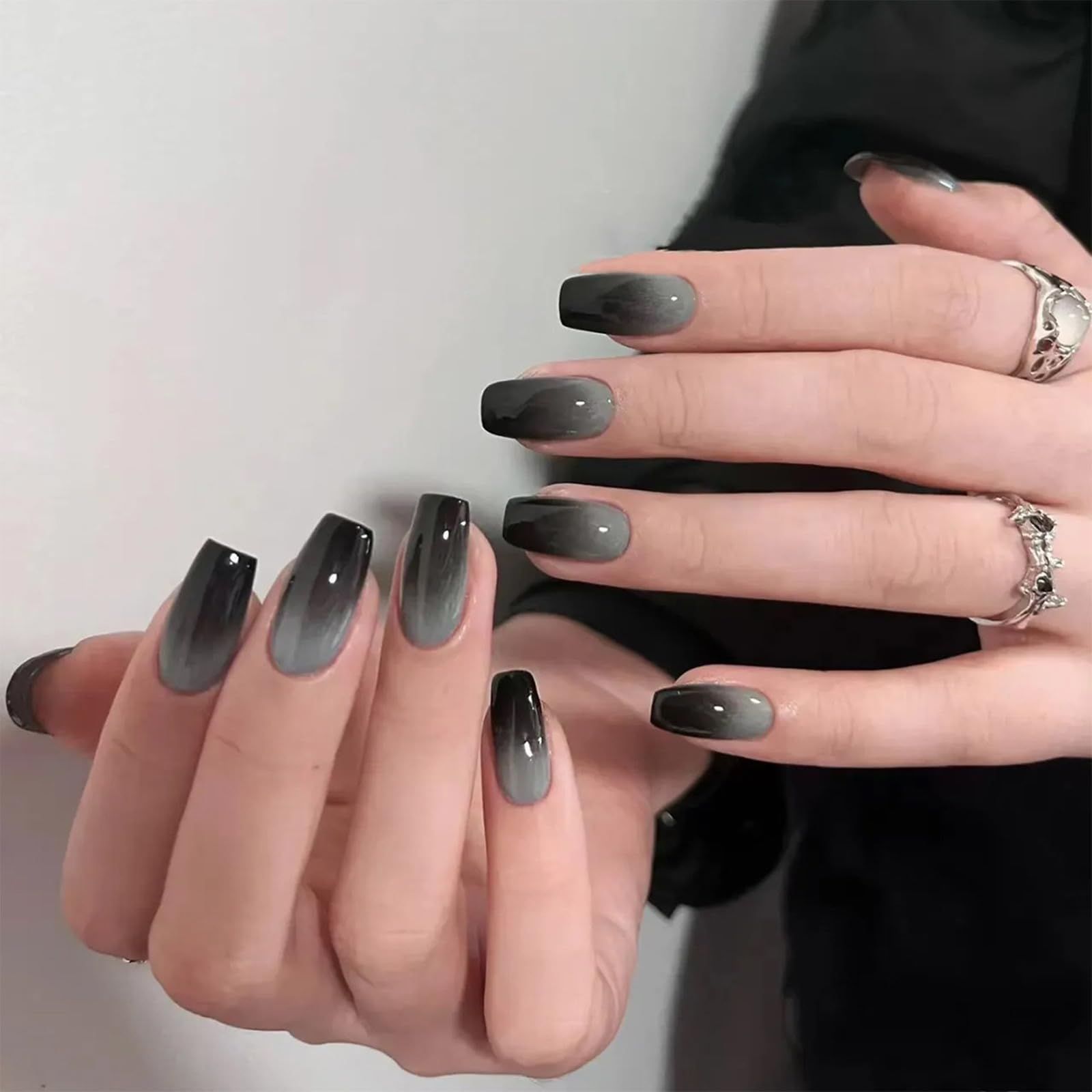 Nail Press, Stylish, Black, Short, Easy Off Nails, Landmine Type, Korean False Nails, Mass-Produced Cosplay Nails, Nail Art, Cute, Glitter, 24 Sheets, Nail Tips, Stylish, Popular Women's Gift, Self Nails, Double Sided Tape Included (Gradation Black)