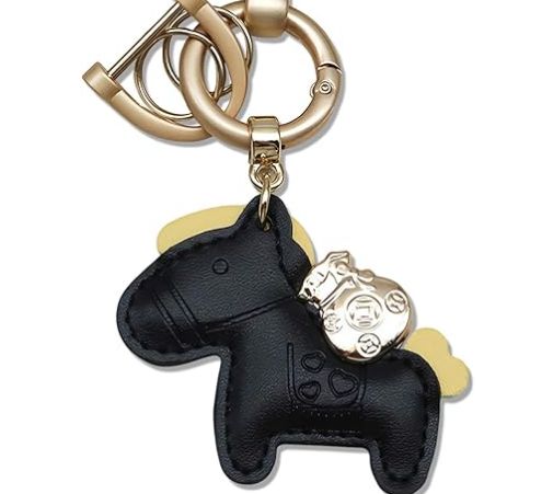 幸運を運ぶ「勝ち馬」キーホルダー 金運招来 金袋チャーム付き レザー