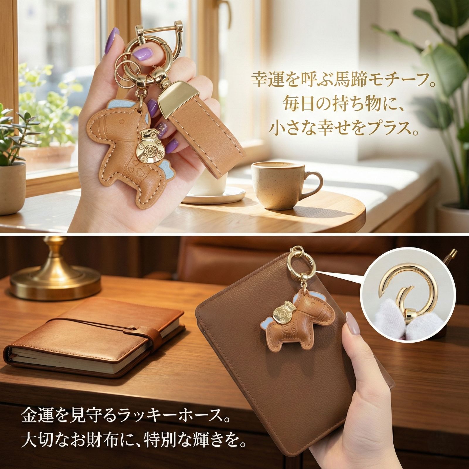 幸運を運ぶ「勝ち馬」キーホルダー 金運招来 金袋チャーム付き レザー