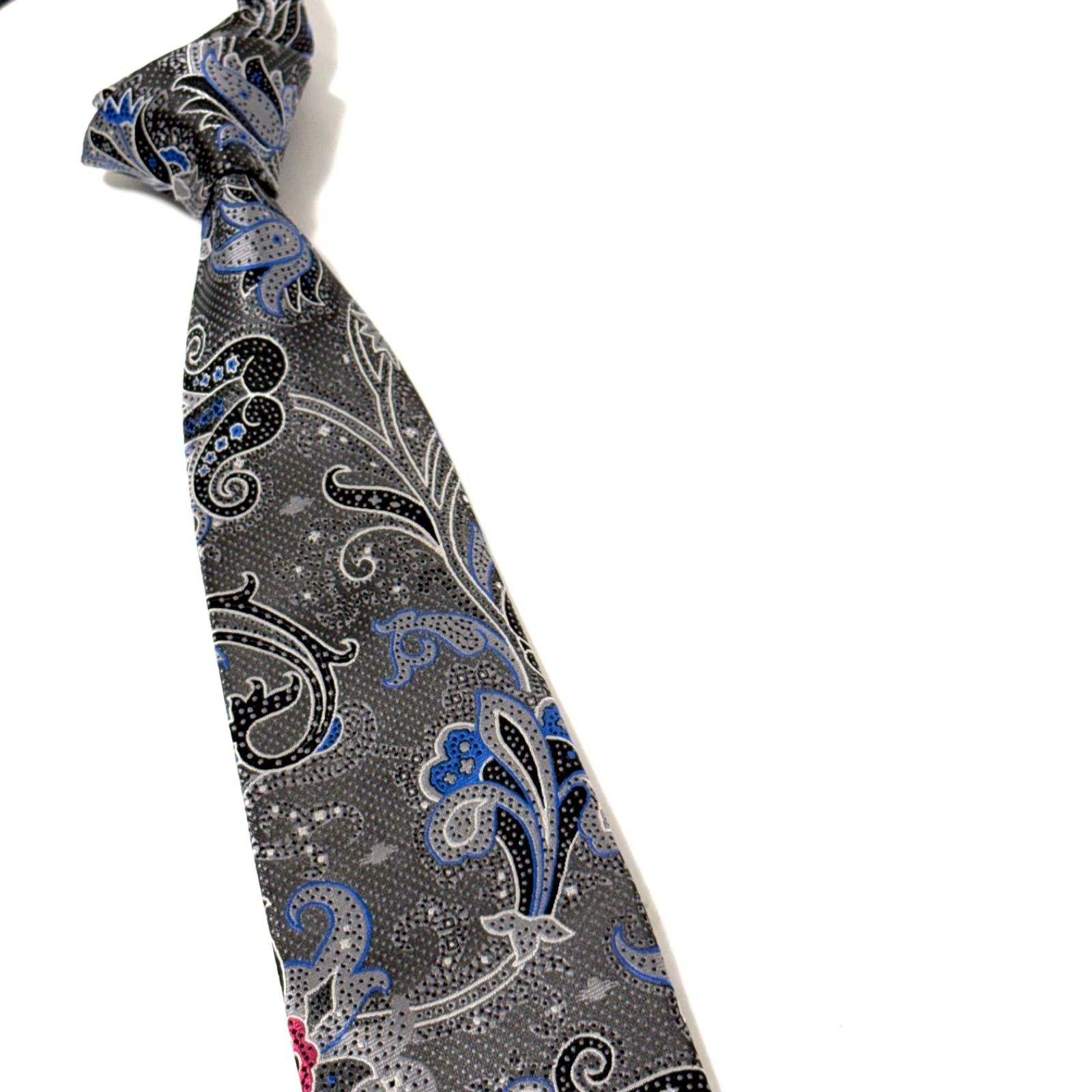 エトロ ネクタイ ブランド 光沢 ペイズリー柄 シルバーグレー×ブラック