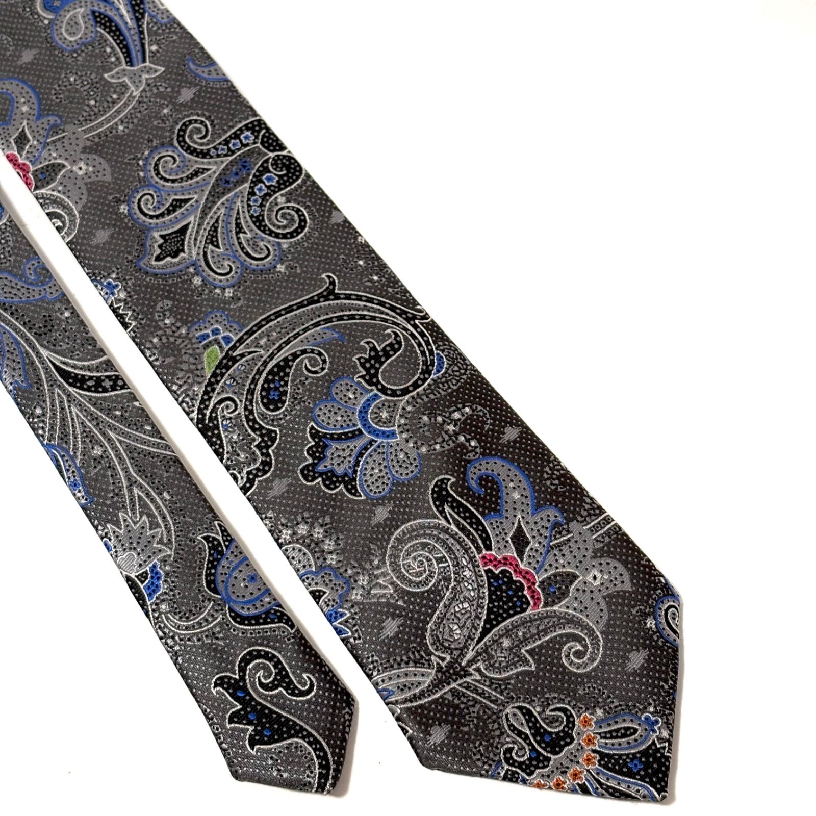 エトロ ネクタイ ブランド 光沢 ペイズリー柄 シルバーグレー×ブラック