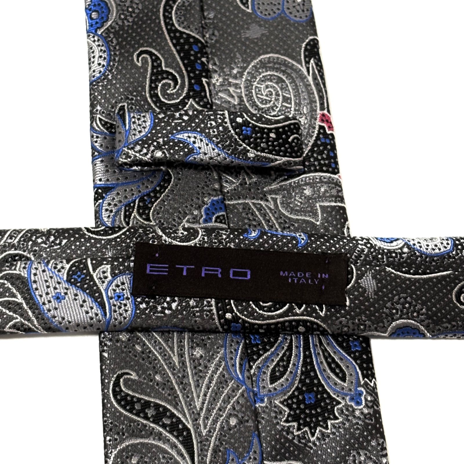 エトロ ネクタイ ブランド 光沢 ペイズリー柄 シルバーグレー×ブラック