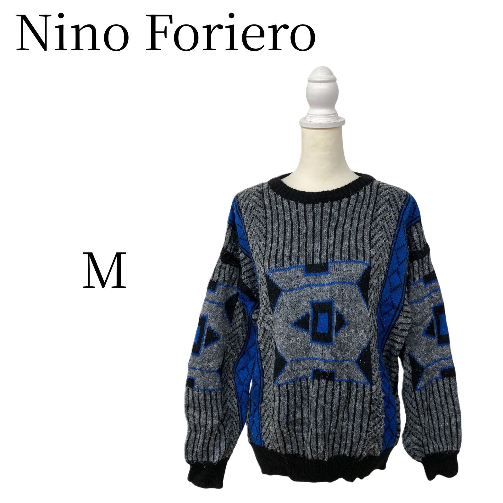 希少 Nino Foriero ヴィンテージ 総柄 ニット セーター M ブルー
