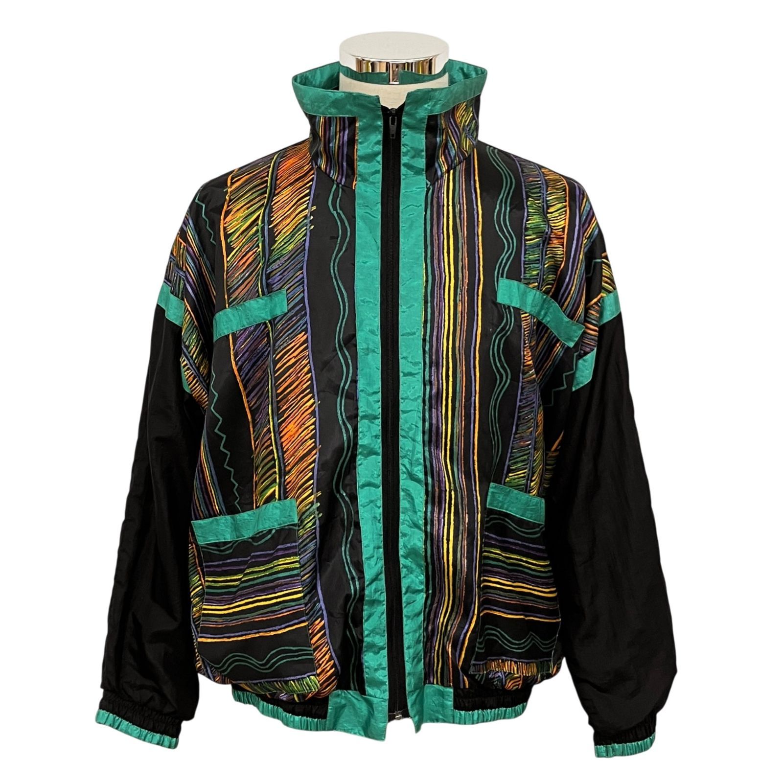 希少 SECOND WIND ナイロンジャケット 総柄 マルチカラー 派手 緑 黒 F