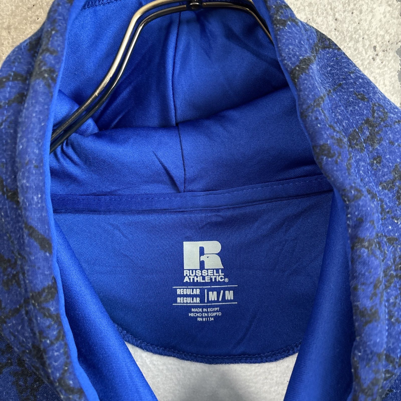 USED】US 古着 RUSSELL ATHLETIC パーカー M ネイビー ブルー 総柄 