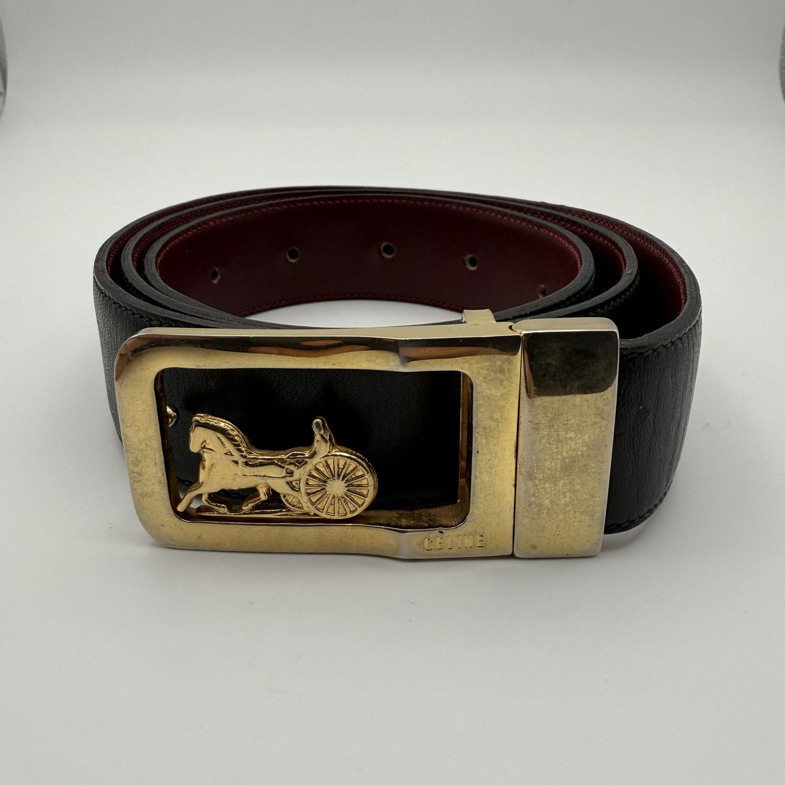 CELINE（セリーヌ）馬車バックル ベルト レザー ブラック×ボルドー