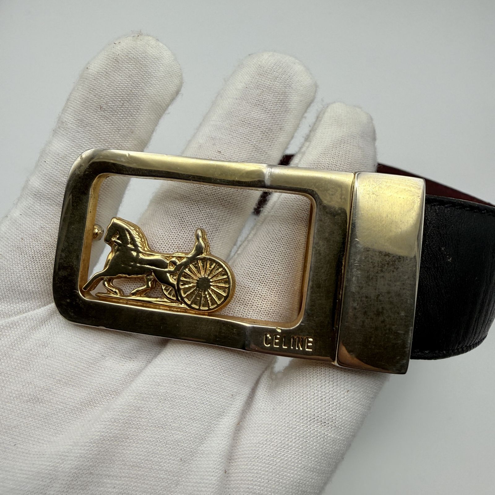 CELINE（セリーヌ）馬車バックル ベルト レザー ブラック×ボルドー