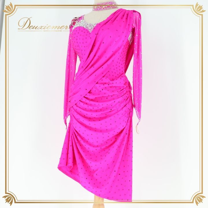 社交ダンス 衣装 ラテン ワンピース ドレス ピンク系 VeRTigo 濃い