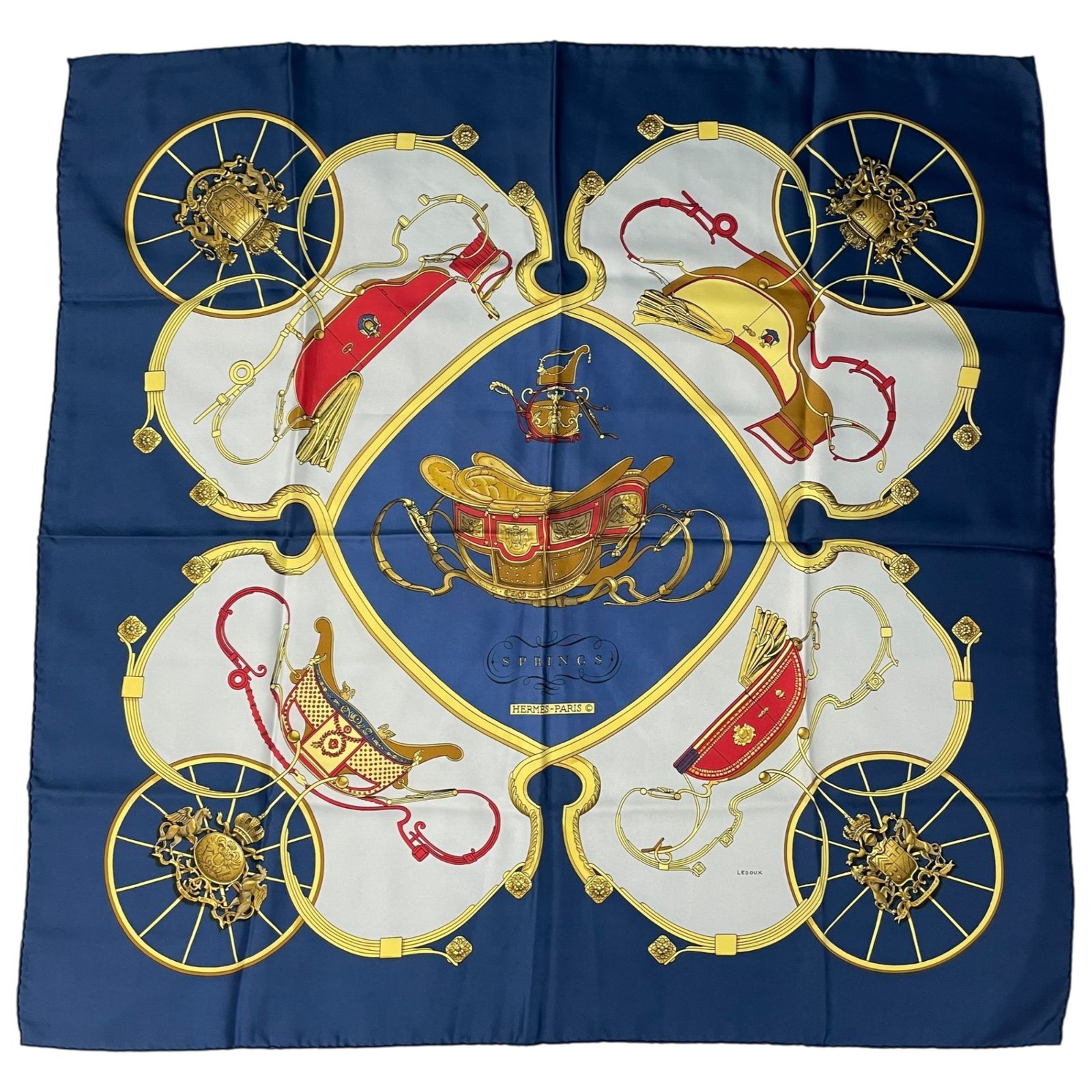 極美品 HERMES エルメス スカーフ カレ90 シルク 馬車柄 ネイビー