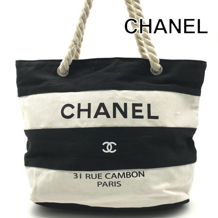 良品 CHANEL シャネル ココマーク ボーダー ストライプ トート バッグ